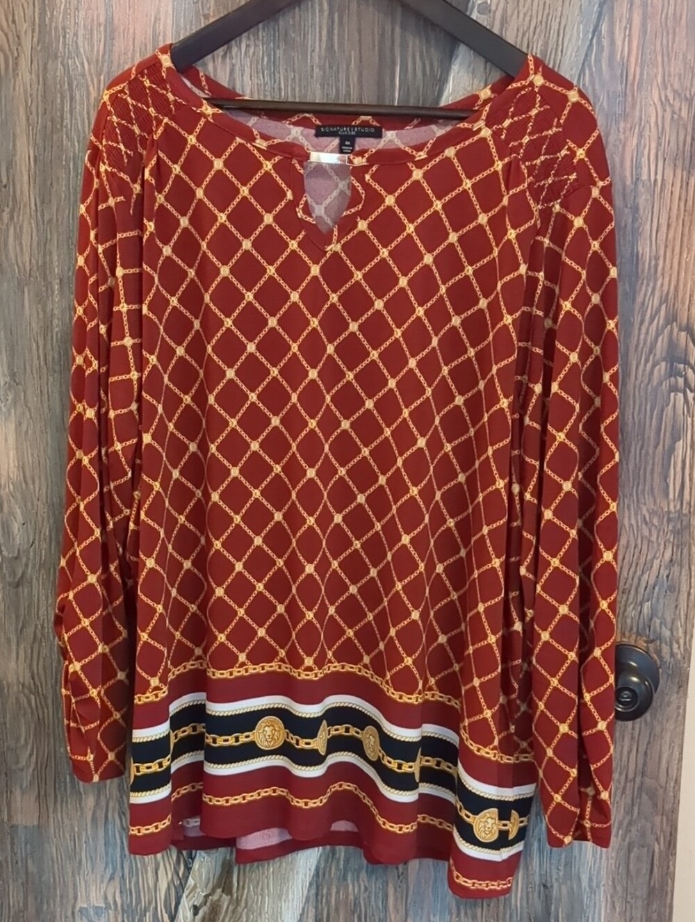 Signature Studio Wine and Gold Chain-Print Long Sleeve Blouse Plus Size 3XL